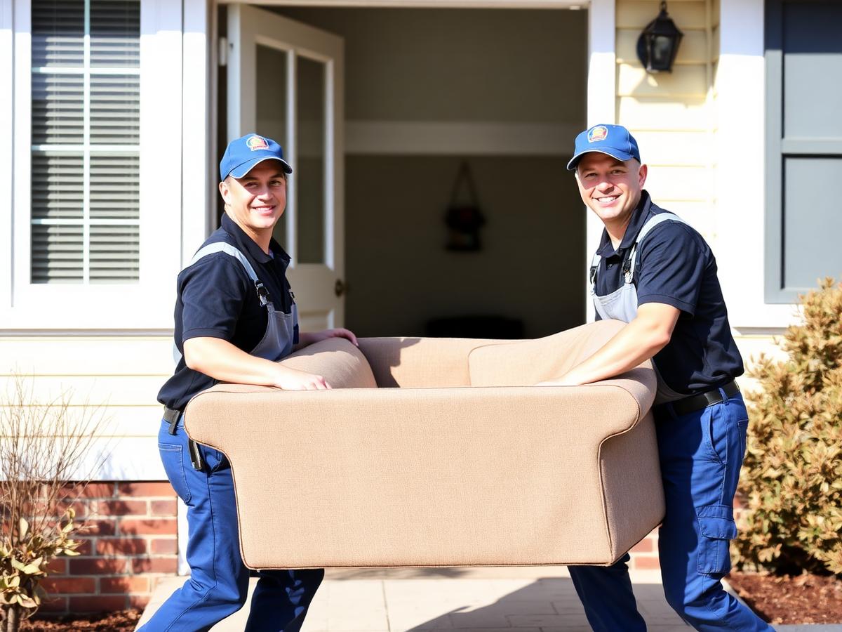 Uniformed California Junk Removal crew carrying a couch